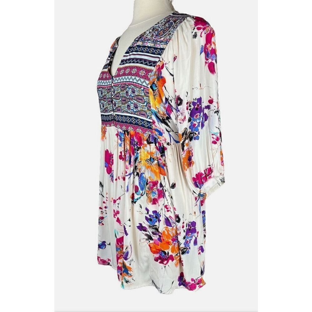 Umgee (Size M) Multicolor Floral Boho Mini Half Sleeve Trapeze Swing Dress